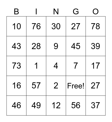 Bingo 1×75 Bingo Card