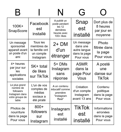 Les médias sociaux Bingo Card