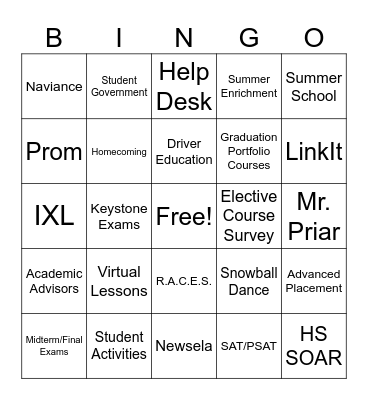 Welcome to 9th Grade Bingo Card