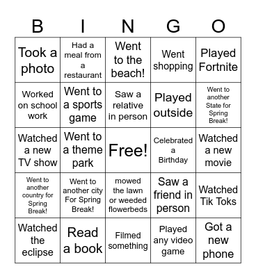 Return from Spring Break Bingo Card