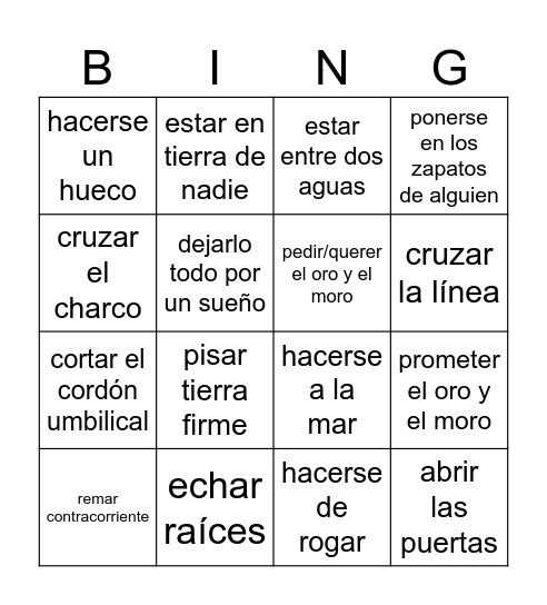 EXPRESIONES EN TORNO A LA INMIGRACIÓN Bingo Card