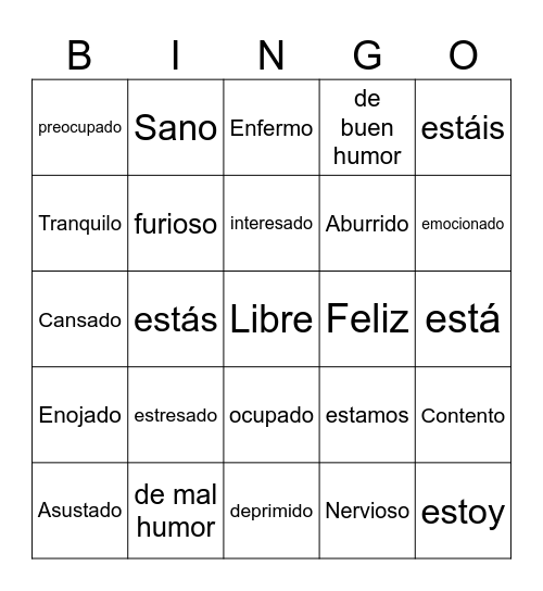 Los emociones & Estar Bingo Card