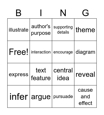 Reading Vocabulary Bingo Card