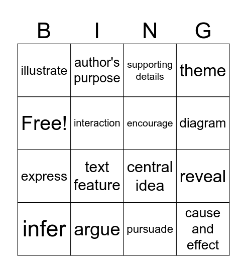 Reading Vocabulary Bingo Card