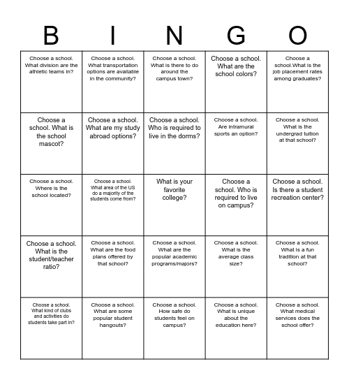 College Fair Bingo! Bingo Card