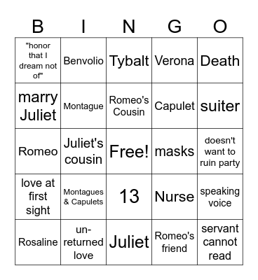 Romeo & Juliet Act I Bingo Card