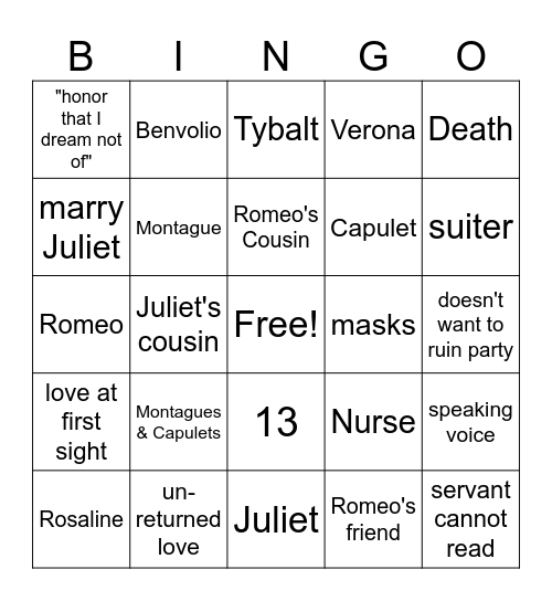 Romeo & Juliet Act I Bingo Card