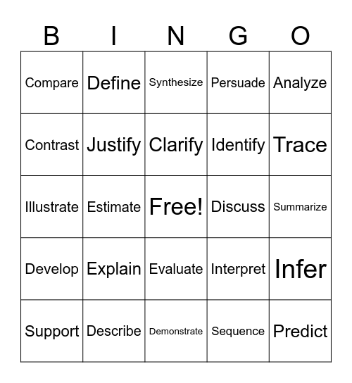 Test Taking Vocabulary Bingo Card