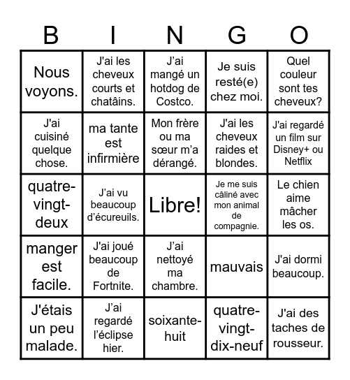 Qu’as-tu fais le week-end dernier ? Bingo Card