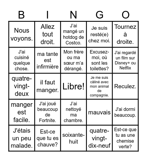 Qu’as-tu fais le week-end dernier ? Bingo Card