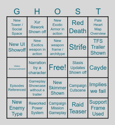 Destiny 2: TFS Showcase Bingo Card