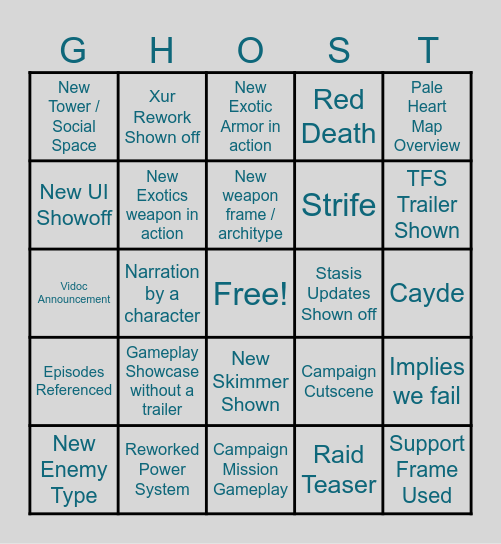 Destiny 2: TFS Showcase Bingo Card