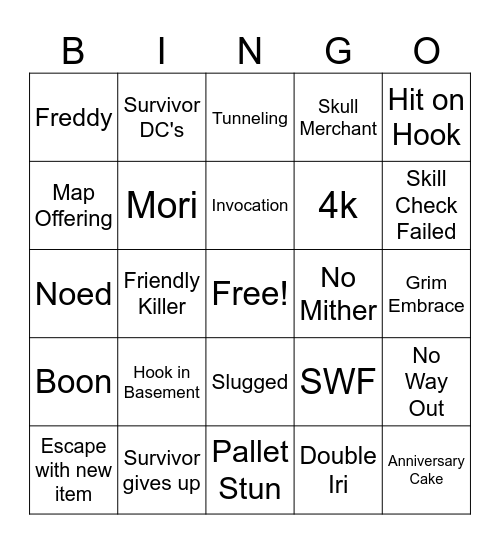 Dead By Daylight Bingo Card