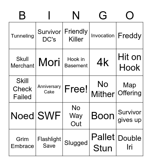 Dead By Daylight Bingo Card