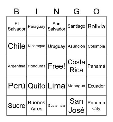 Central/South American Countries/Capitals Bingo Card