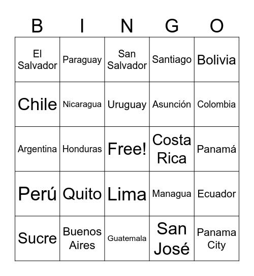 Central/South American Countries/Capitals Bingo Card