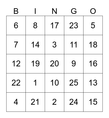 Number Bingo Card