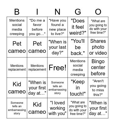 Niara's Farewell Bingo Card