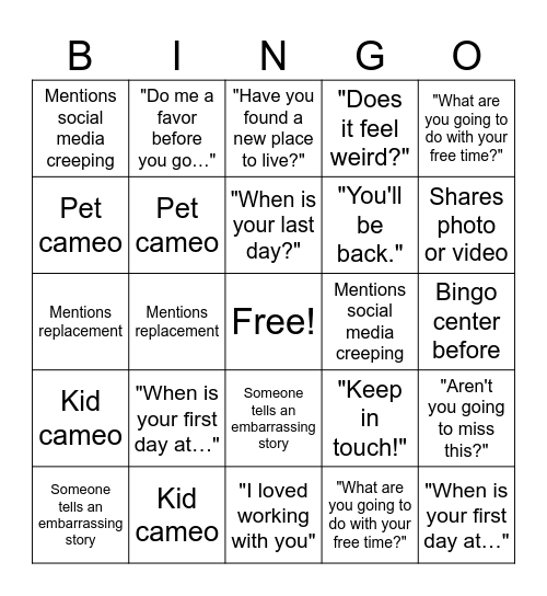 Niara's Farewell Bingo Card