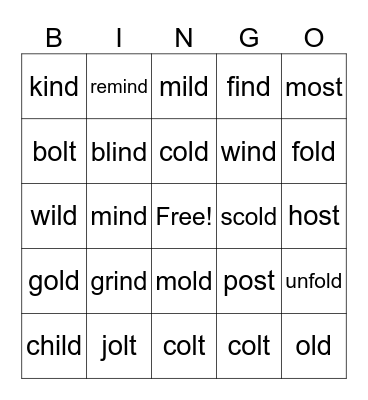 Kind Old Words Bingo Card