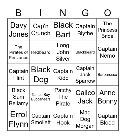 Quizzy Bingo: Fictional Pirates Bingo Card