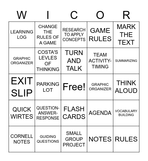 WICOR PE Bingo Card