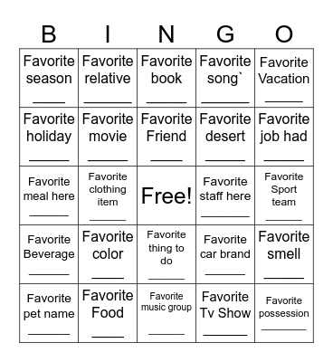 My Favorite Things Bingo Card