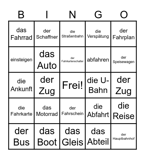 Verkehrsmittel Bingo Card