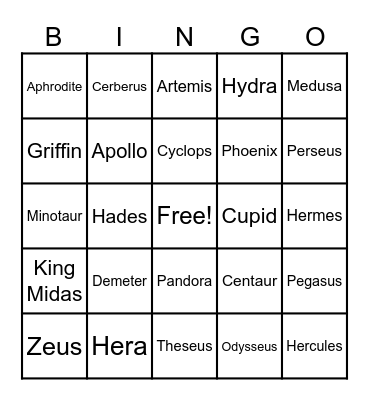 Greek Mythology Bingo Card