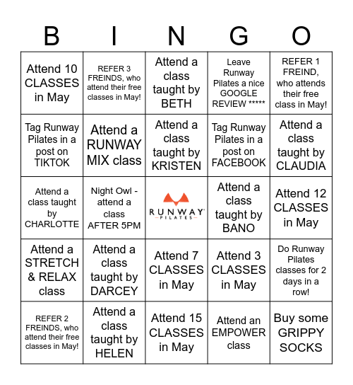 RUNWAY PILATES BINGO Card