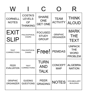 WICOR MATH Bingo Card