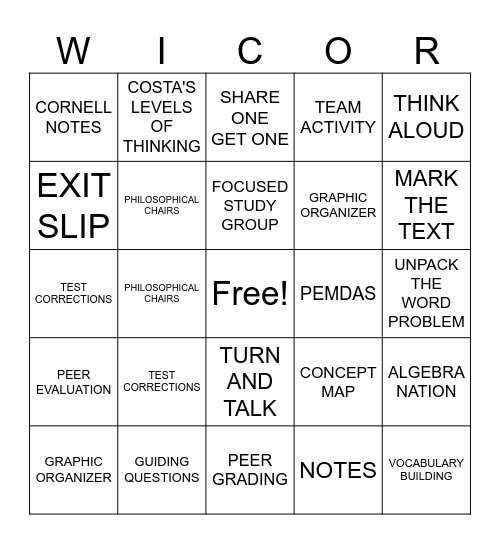 WICOR MATH Bingo Card