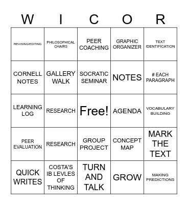 WICOR ELECTIVES Bingo Card