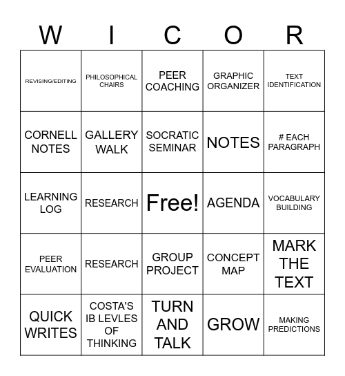 WICOR ELECTIVES Bingo Card