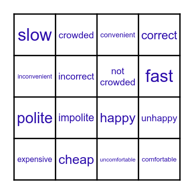 Opposite Adjectives Bingo Card
