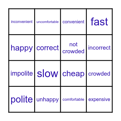 Opposite Adjectives Bingo Card