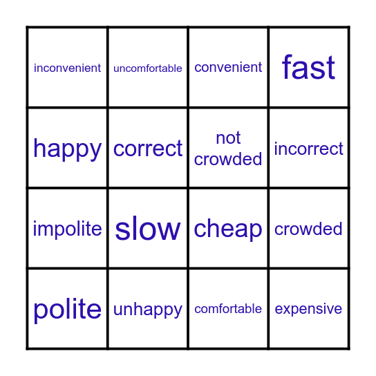 Opposite Adjectives Bingo Card