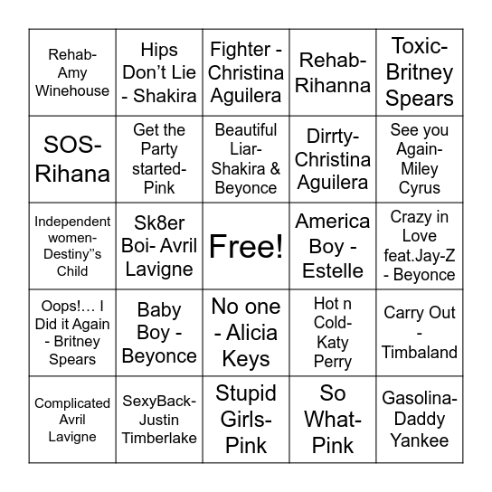 2000's Bingo Card