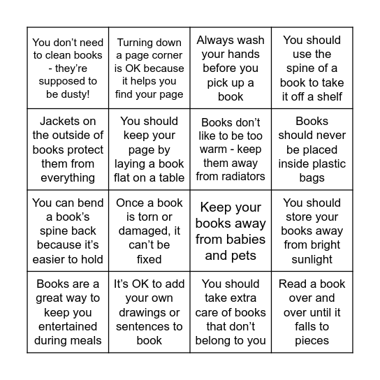 Caring for your books Bingo Card