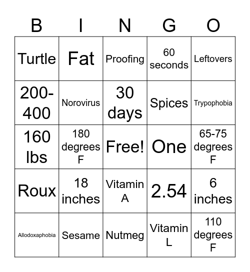 Culinary & Nutritional Services BINGO Card