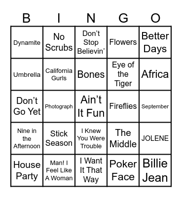 Music Bingo Card