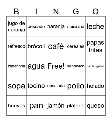 Comida Bingo Card
