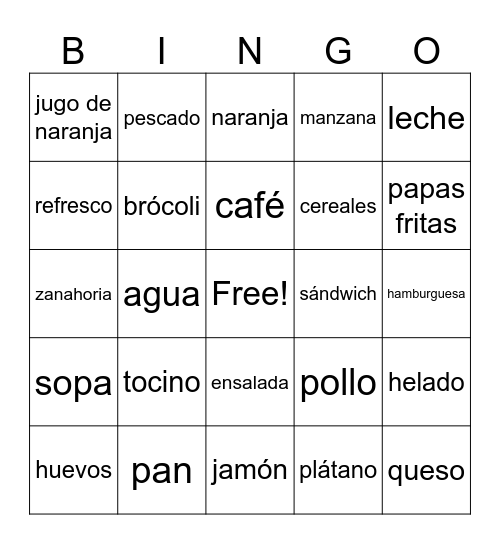 Comida Bingo Card