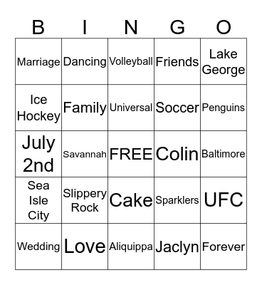 Jaclyn and Colin Bingo Card