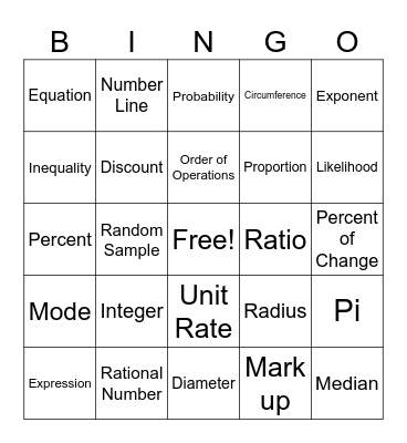 7th Grade Math Vocabulary Bingo Card