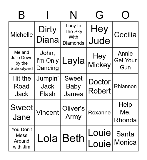 Songs With Names Bingo Card