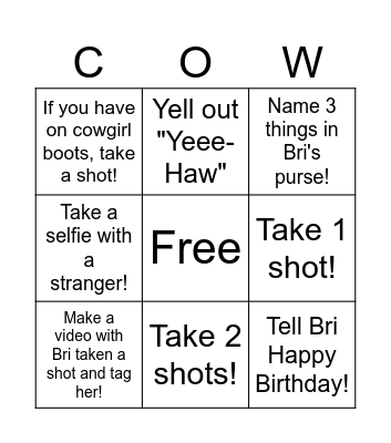 Cow Girl Bingo Card