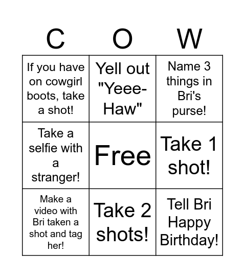 Cow Girl Bingo Card