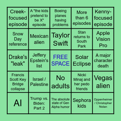 South Park Season 27 Bingo Card