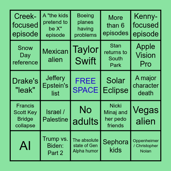 South Park Season 27 Bingo Card